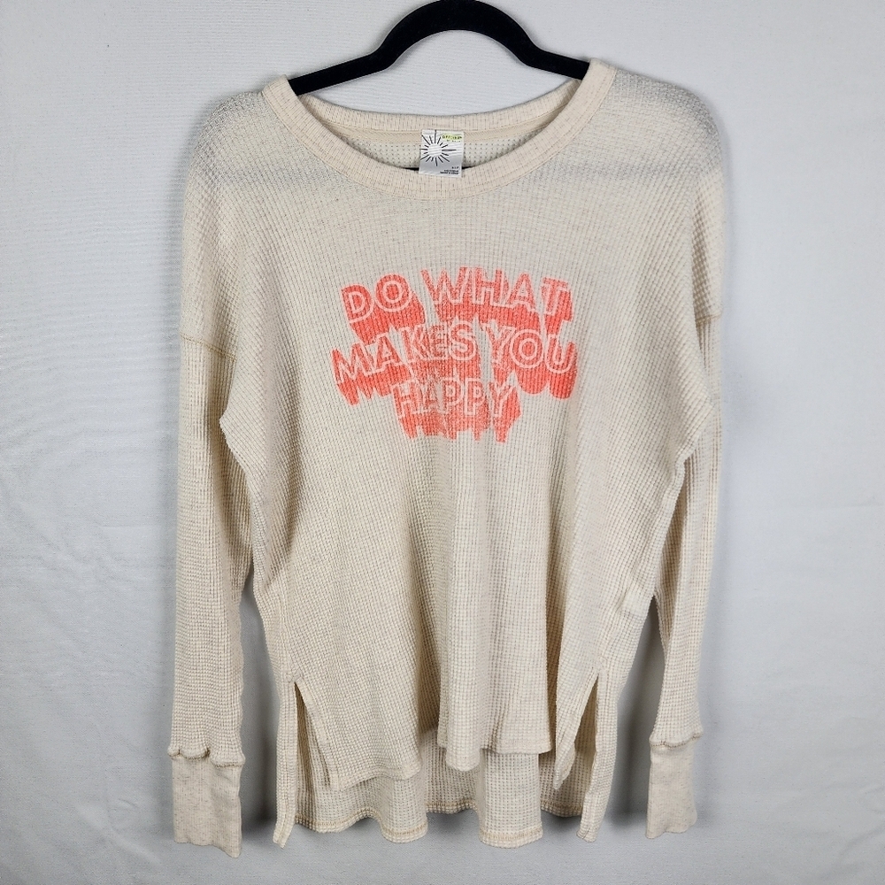 Aerie Oversized Long Sleeve Waffle Knit Offline Do What Makes You Happy Tee Sz S